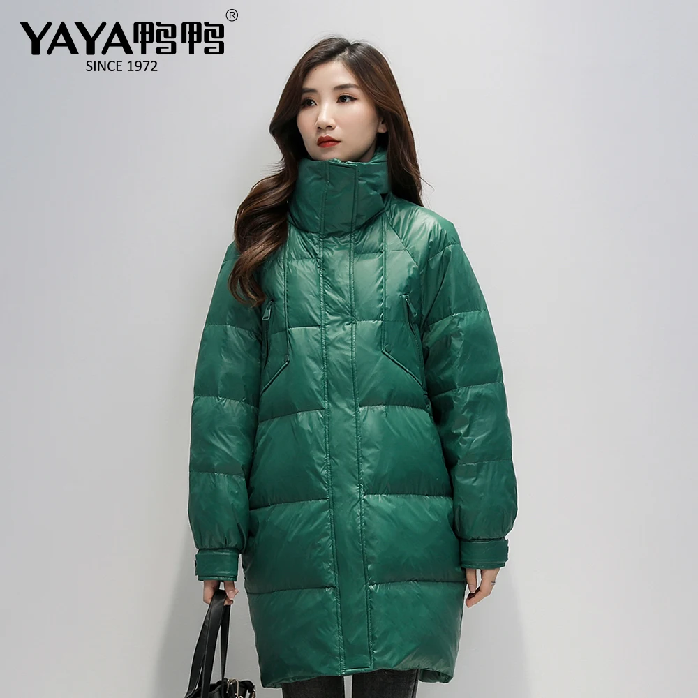 YAYA Women\'s Winter 90% White Duck Down Jacket Simple&Thicken Warm Parkas Green/Red/Black Stand-up Collar Loose Down Jacket