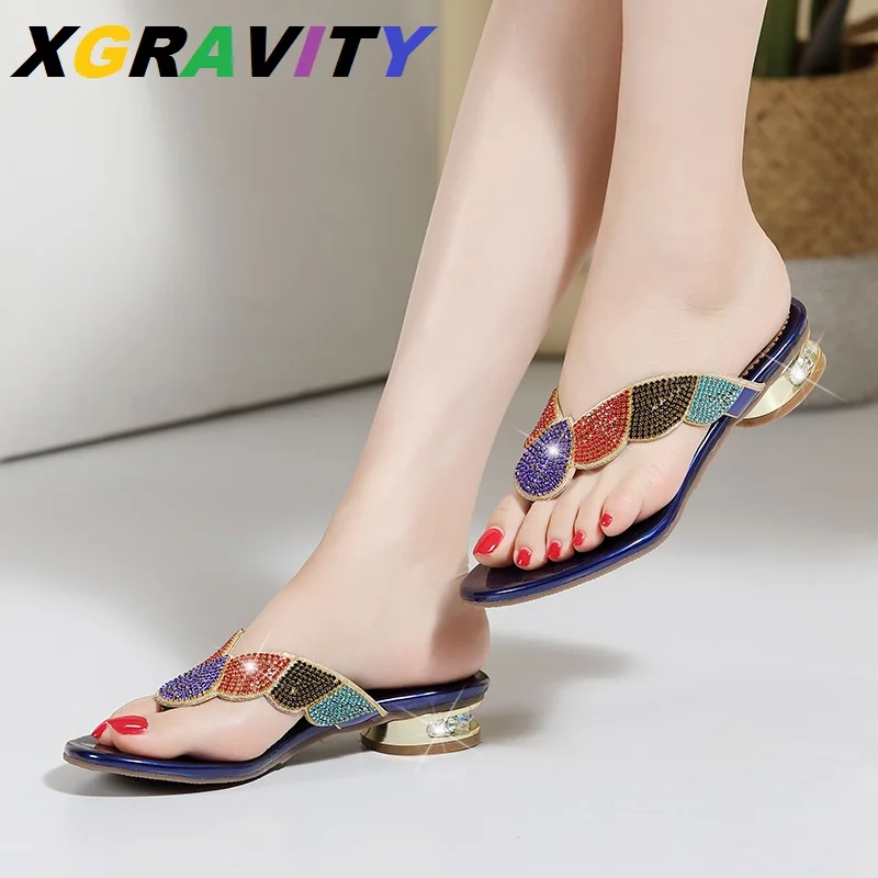 New Summer Flip Flops Girls Colorful Shoes Sexy Crystal Rhinestone Design Women Sandals Ladies Genuine Leather Lady Shoes D999