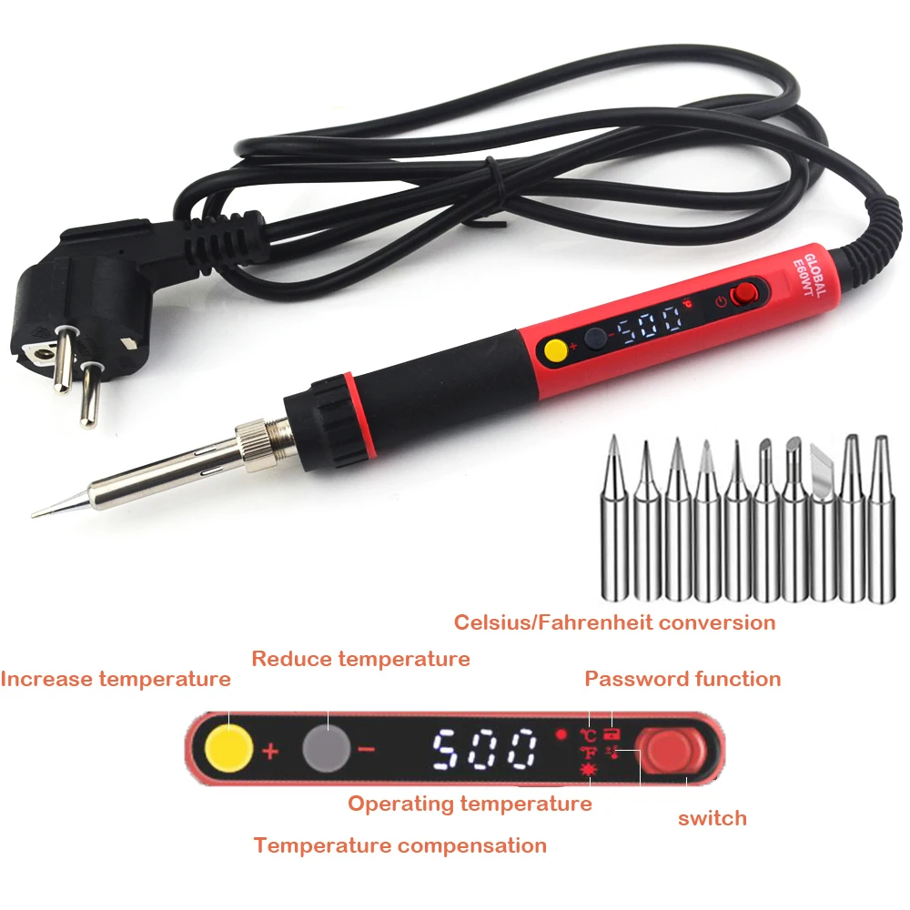 CXG E60WT E90WT E110WT Digital LCD Adjustable NC thermostat Electric soldering iron handle Welding repair +10 pcs 900M tips