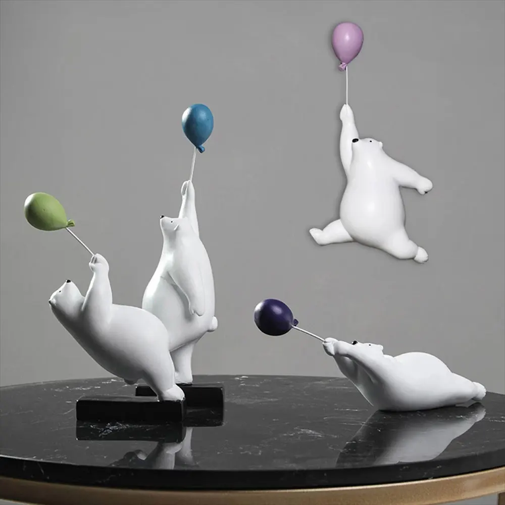 Resin Creative Balloon Polar Bear Home Decor Decoration Room Figurines For Interior Desk Accessories Kawaii Statue Sculptures