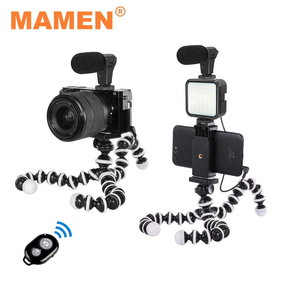 

MAMEN Portable Octopus Tripod Set Vlogging Kit with Microphone Lamp Remote Control for Smartphone DSLR SLR Camera Video Shooting