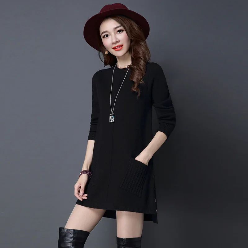 Fdfklak Autumn Winter Sweater New Women\'s Solid Color Loose Pullover Tops Long-Sleeved Pocket Knit Sweaters Dress Pull Femme 3XL