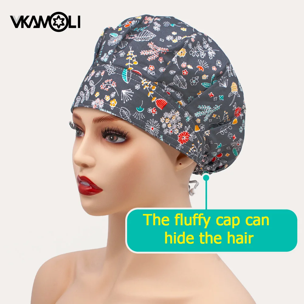 Dapat Digunakan Kembali Bekerja Topi Lab Scrub Katun Motif Dapat Disetel Pita Penahan Keringat Bouffant Topi Wanita Rambut Panjang Dicuci Topi Aksesoris