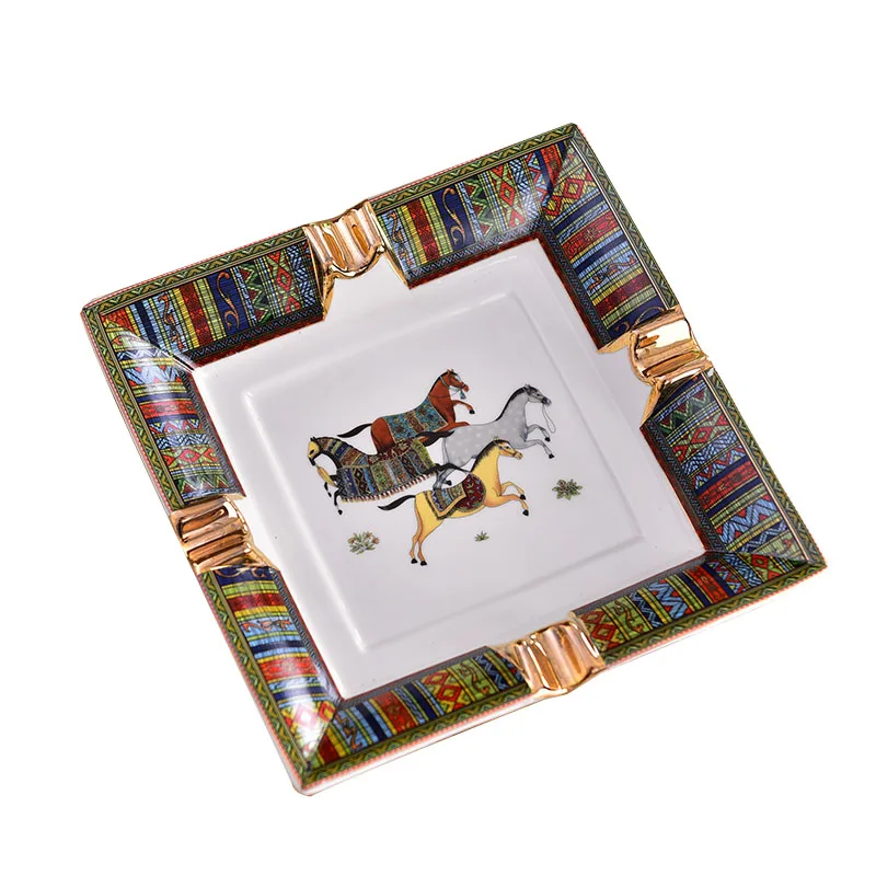 Porcelain Bone China Horse Design Outline In Gold Rectanglar Shape Ashtray Home Decoration Supplies Business Gfts