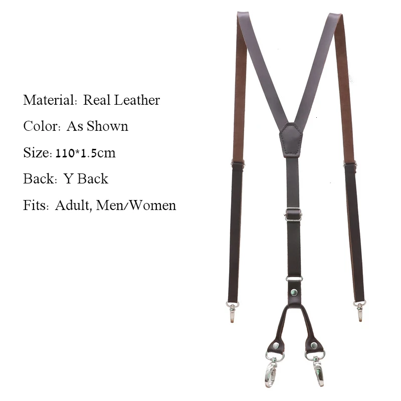 Tirantes de piel auténtica para hombre y mujer, pantalones ajustados de 1,5 cm de ancho con Tirantes ajustables, 2 niveles, 4 Clips