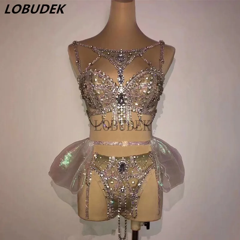 Shiny Rhinestones Bikini Pole Dance Costume Bar Nightclub Party Show Rave Outfits Sexy DJ Gogo Dance Costume Performance Clothes
