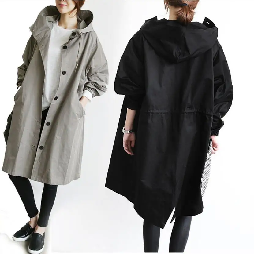 Fashion Long Sleeve Hooded Trench Coat Autumn winter Single Breasted  4XL waterproof material Long Coat Women Overcoat