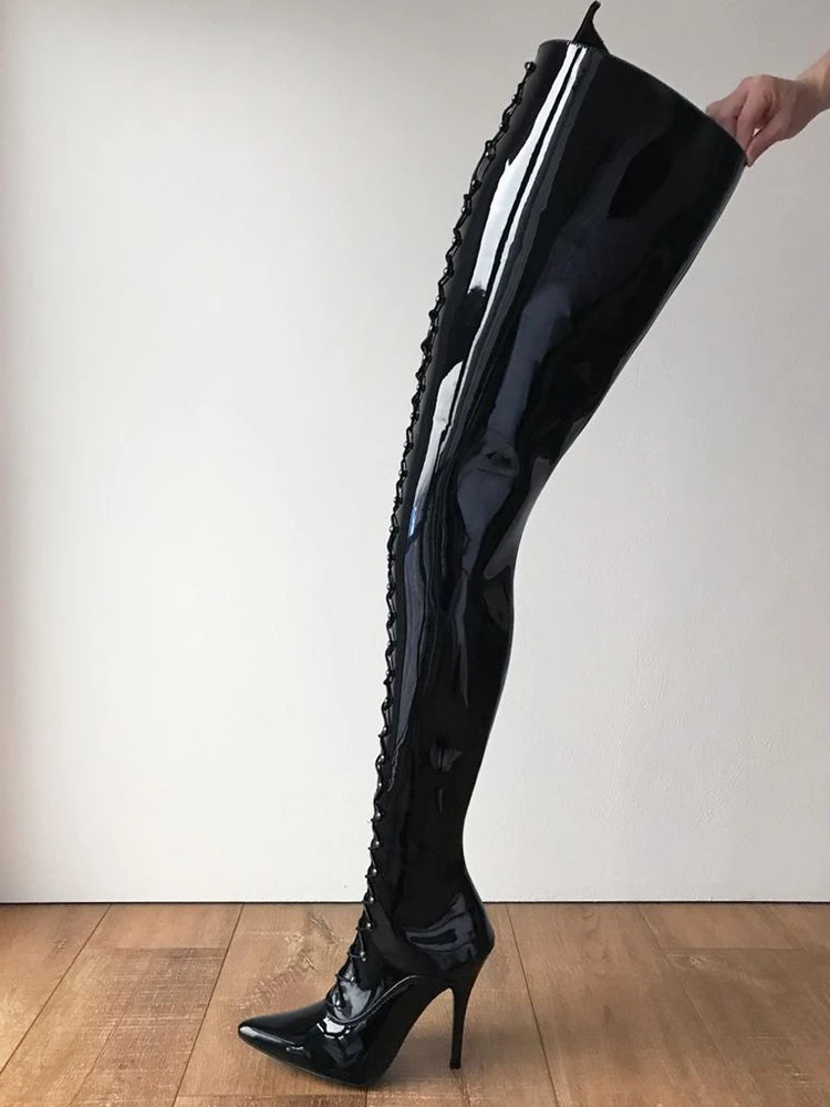 Crotch Hard Shaft Lace up Boots Patent Leather Cross Tied Stilettos Heels Black Pointed Toe Shaft Runway Shoes Women Winter