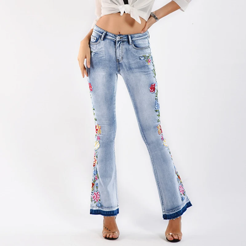 

Джинсы с высокой талией и эластичной вышивкой, женские брюки-клеш с цветами, широкие ботинки, джинсовые брюки, уличная одежда, брюки-клеш