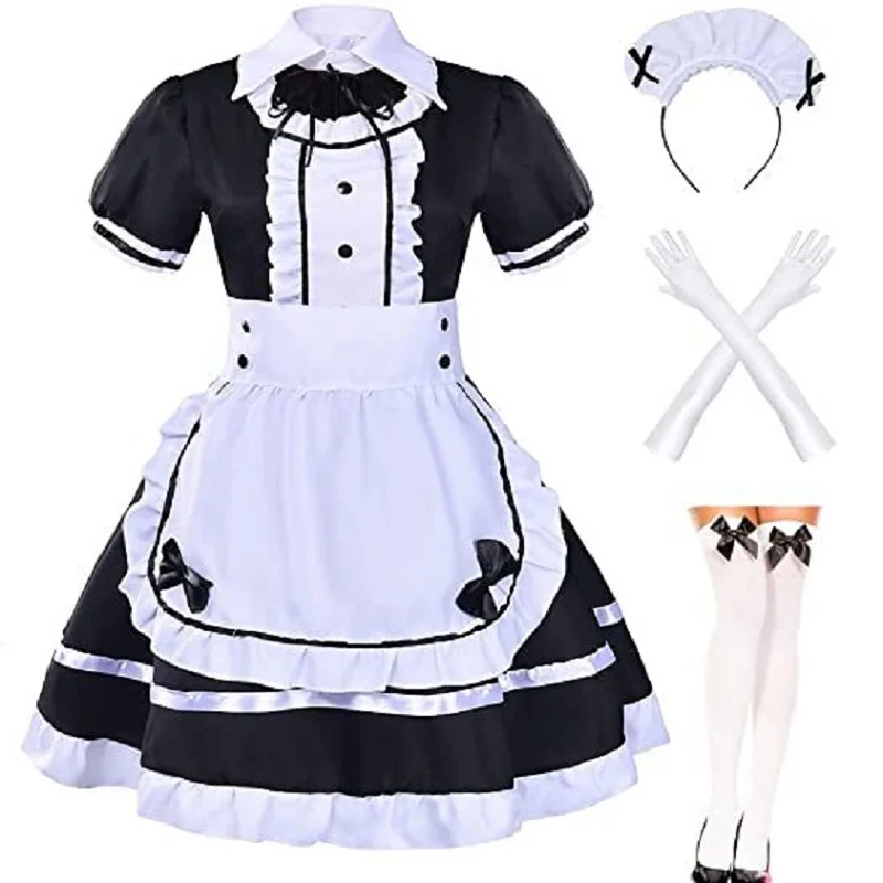 S-4XL Zwart Wit Kat Meisjeuitrusting Cosplay Sexy Lolita Anime Leuke Zachte Girl Maid Uniform Aansprekende Set Stadium Ober Kostuums