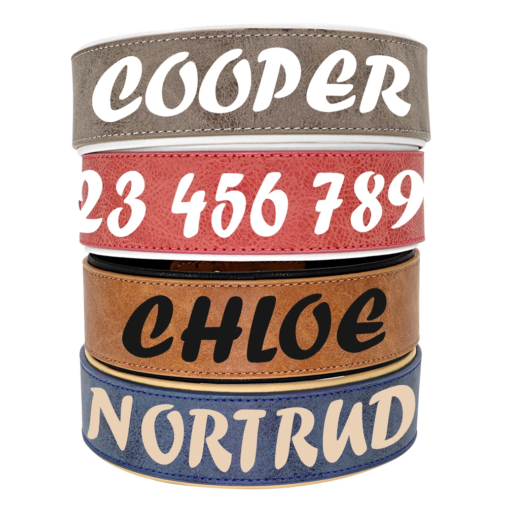 Personalized Dog Collar Wide Leather Pet Collar Customized Dogs Name Phone No Collars for Medium Large Dogs