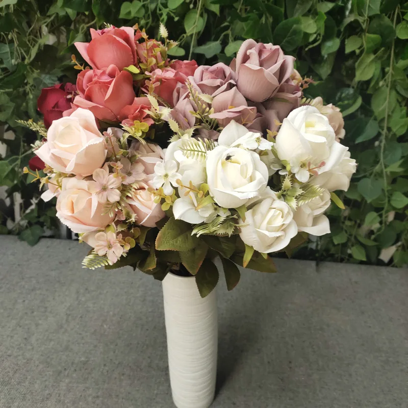 1 Bouquet 11 Heads Artificial Roses Bouquet Simulation Silk Peony Fake Flower Retro Hydrangea Living Room Home Garden Wedding