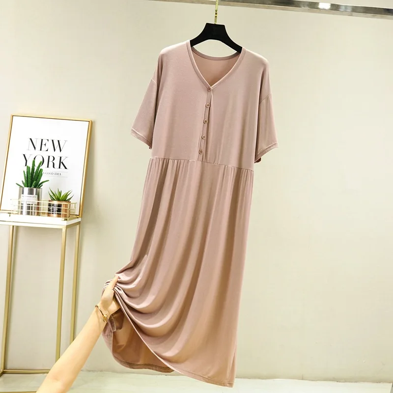 ผู้หญิง Vestidos ใหม่ Modal Night สบายๆ V คอฤดูร้อน Nightgowns หญิงแขนสั้นหลวมชุดนอน