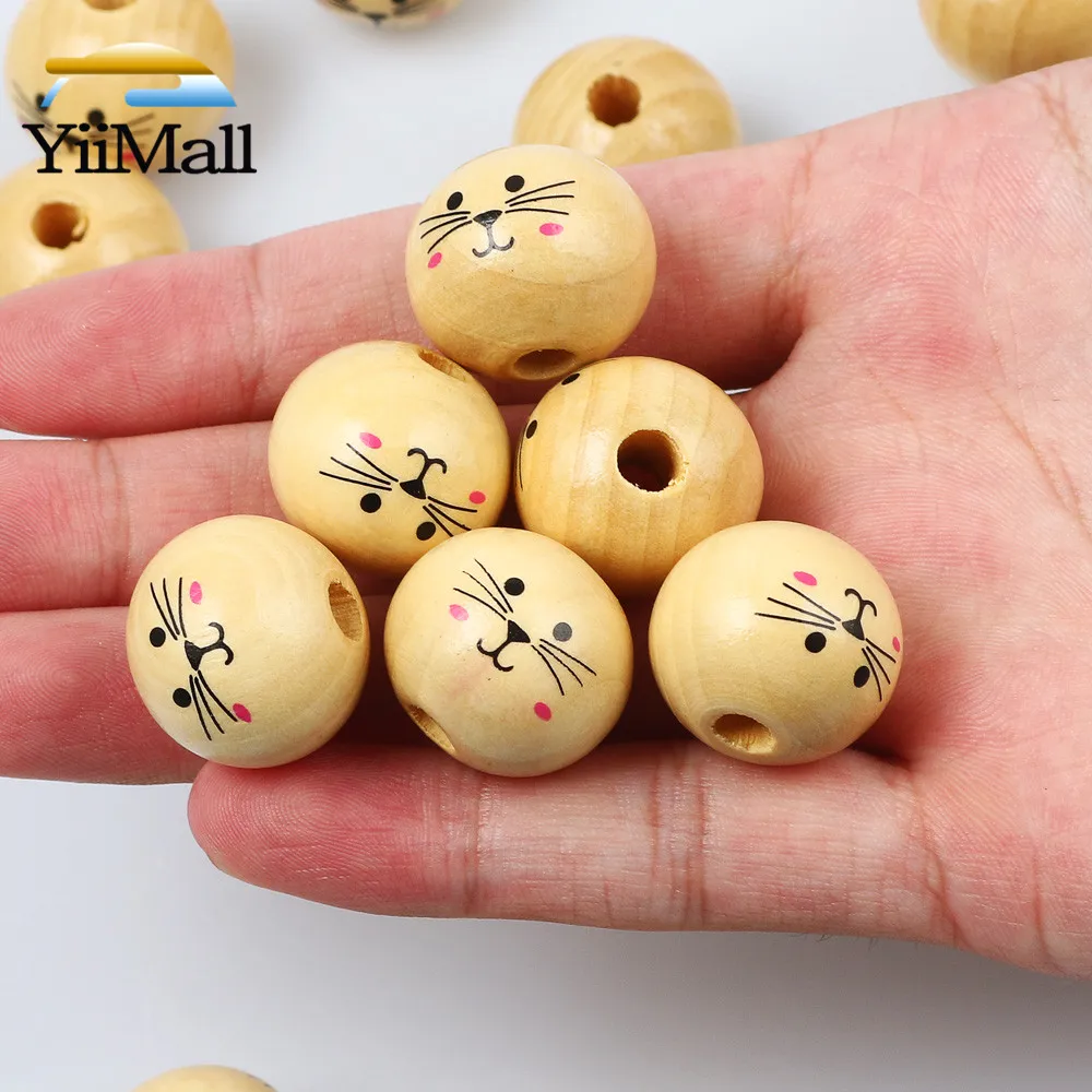 3-10Pcs 20/30mm Cute Cat Natural Wooden Beads Round Spacer Loose Beads For Jewelry Making Handmade Diy Necklace Bracelet