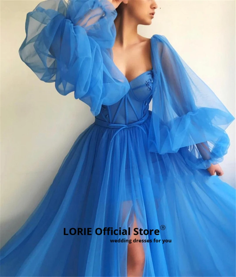 LORIE Blue Prom Dresses Sweeteart Appliques Long Puff Sleeves Tulle Split Arabic Evening Gown Corset Party Dress 2024 Customized