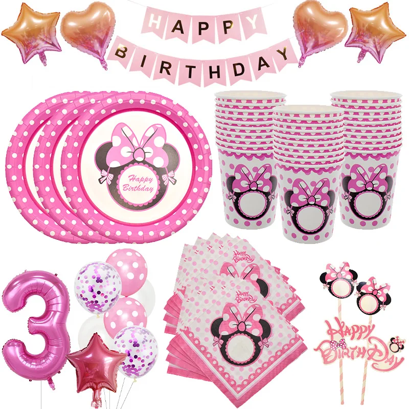 

Minnie Mouse Girl Birthday Party Supplies Disposable Tableware Plates Cups Napkins Straw Baby Shower Favors Balloon Decoration