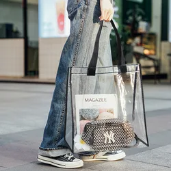 Clear PVC Tote Bag Transparent Waterproof Handbag Travel Beach Bag Reusable Shopping Bag Jelly Shoulder Bag