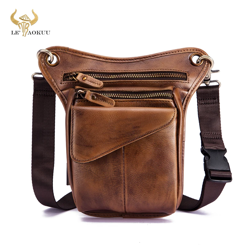 

Hot Sale Quality Crazy Horse Leather men vintage Small Travel Belt Messenger Bag Fanny Waist Pack Drop Leg Bag 211-3-G