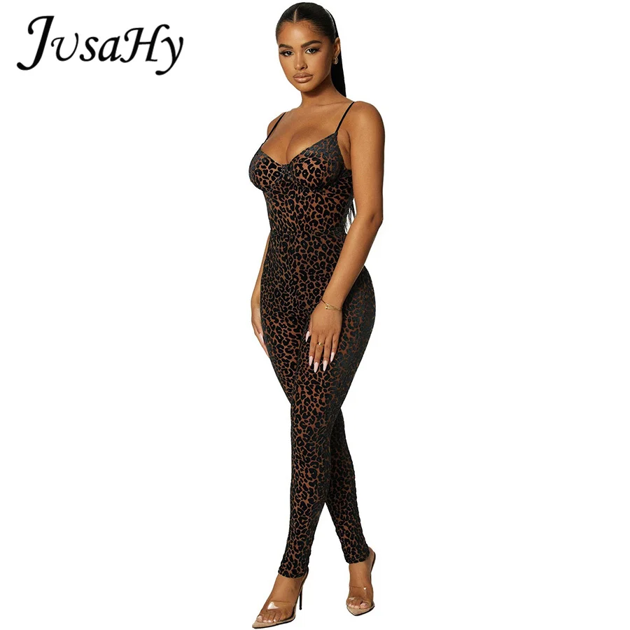 JuSaHy Leopard Print Flocking Jumpsuit for Women Fashion Sleeveless Backless Body-Shaping Casual High Streetwear Female Outfits