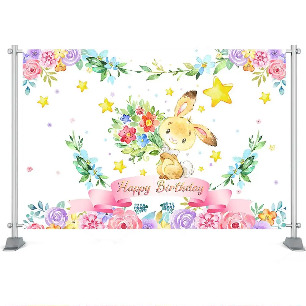 Bunny Birthday Backdrop Watercolor Floral Little Star Background Girls Birthday Party Decoration Cake Table Banner