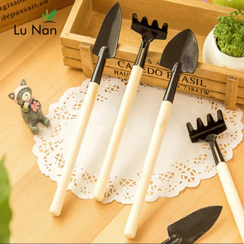 3pcs Mini Portable Gardening Tool Metal Head Shovel Rake Spade  Plant Garden Soil Raising Flowers Wooden Handle Tool Set