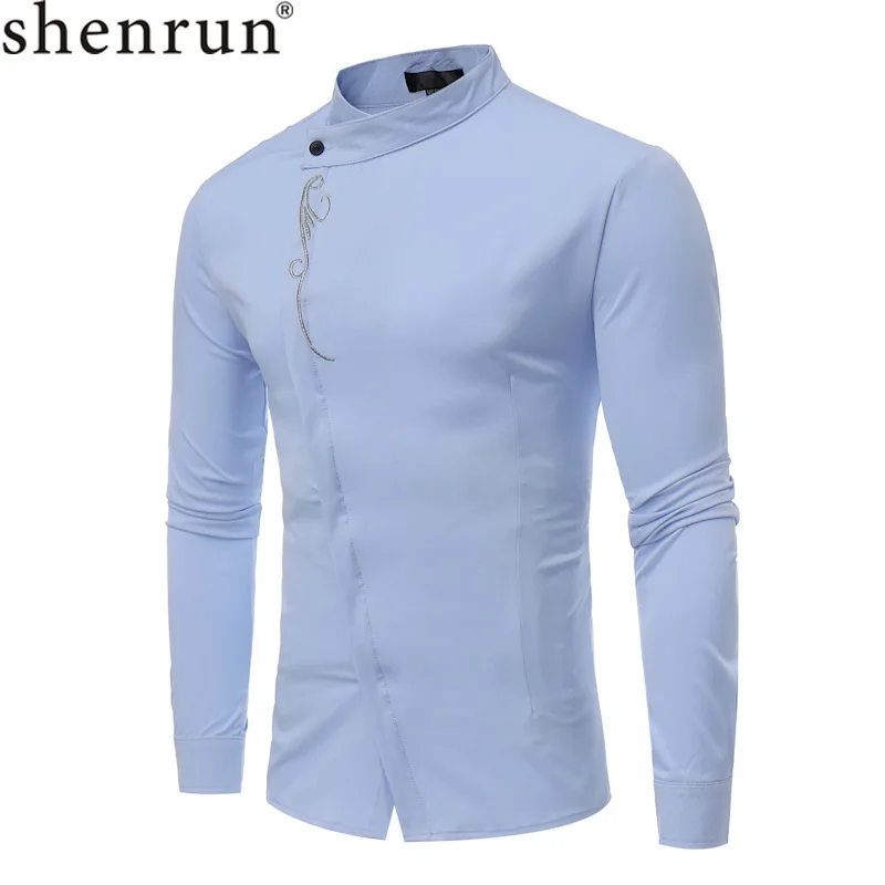 Shenrun Men Fashion Shirts Long Sleeve Stand Up Collar Slant Closure Embroidery Casual Wedding Groom Dress Shirt Party Prom Ball