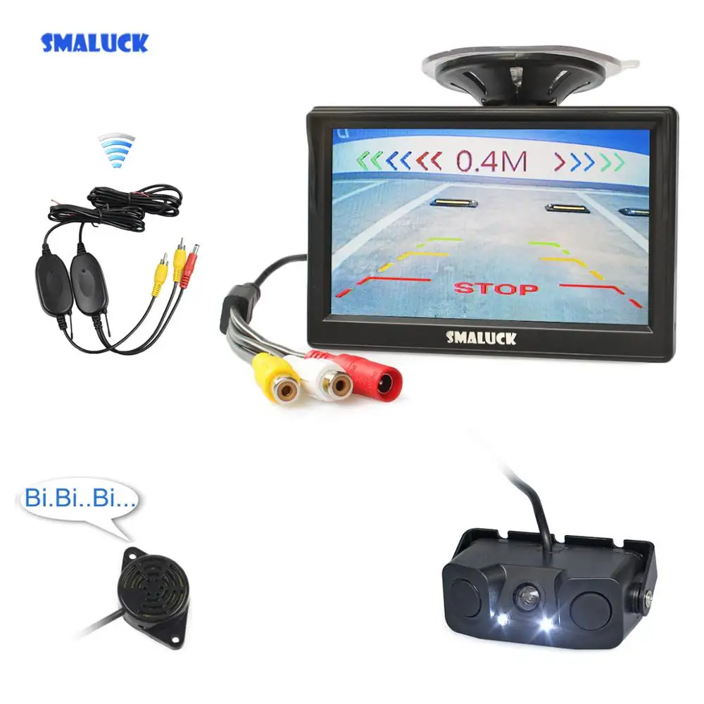 SMALUCK Wireless 5inch TFT LCD Display Backup Car Monitor Waterproof LED Parking Radar Sensor Car Rear View Camera 3 in 1