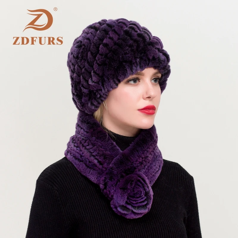 Zdfurs * inverno das mulheres real rex coelho pele chapéu cachecol 2 peça conjunto feito à mão malha genuína pele de coelho bonés marca moda chapéu cachecol