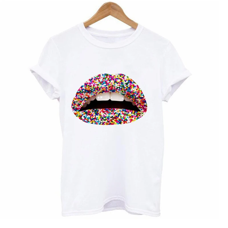 Summer Harajuku Women's T-shirt Women's T-shirt Colorful Lips Sexy 3D Printed T-shirt Female Short-sleeved O-neck Casual T-shirt