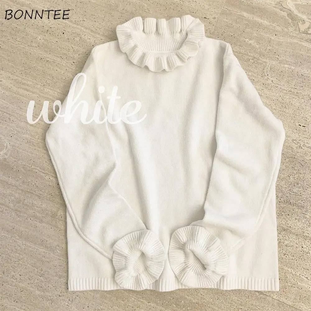 Sweaters Women Kawaii Ruffles Design College Solid Chic Girls Sweater All-match Ulzzang Simple Soft Long Sleeve Ladies Knitwear