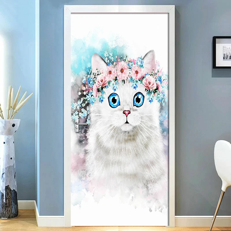 

2 Pcs/Set Door Sticker Cartoon cat Wallpaper DIY Self-adhesive Living Room Bedroom Door Wall Sticker Mural Decals For Home Decor