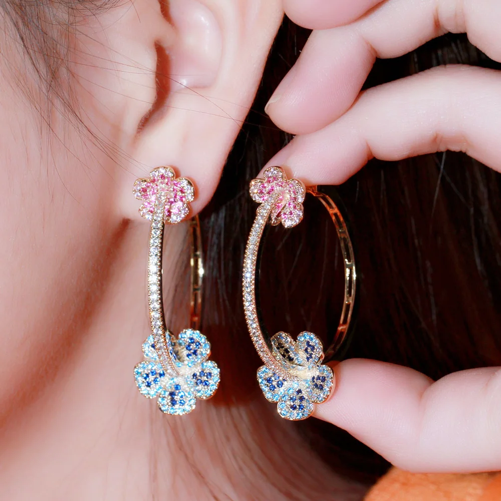 Pera Sweet Red Blue Cubic Zirconia Elegant Flower Shape Large Round Gold Color Hoop Earrings for Women Trendy Brand Jewelry E657