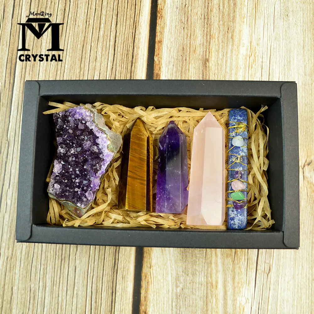 

Natural Amethyst Cluster Rose Quartz Hexagonal Column Healing Wand Chakela Mineral Crystal Point Study Home Decoration Stone