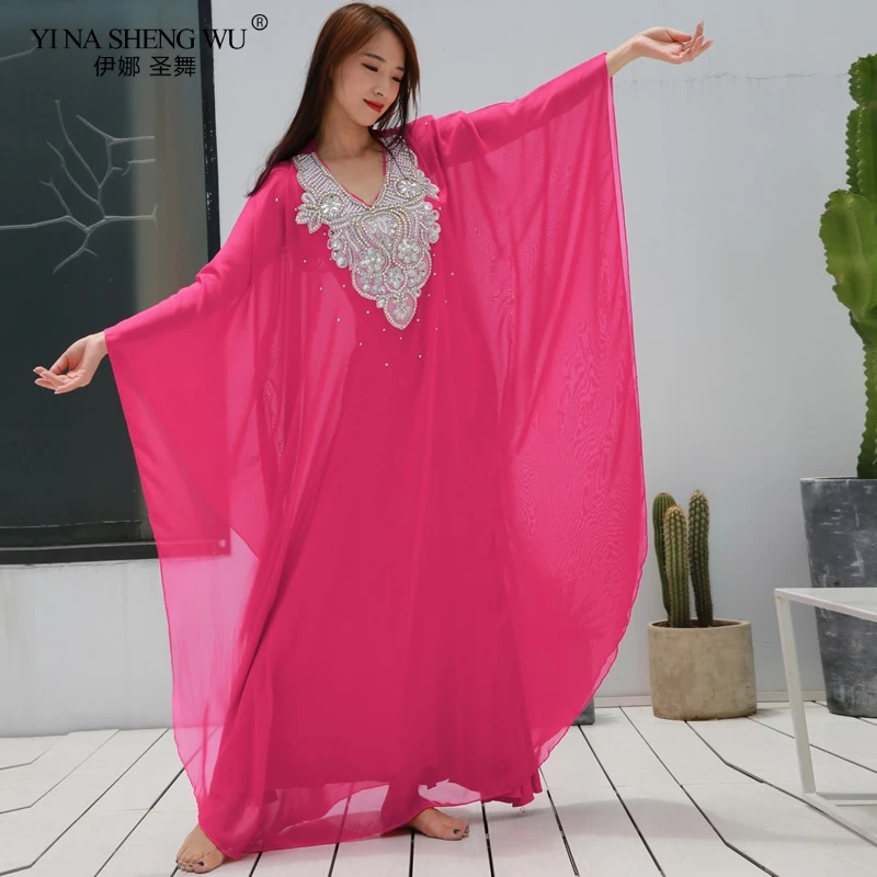 새로운 여성 댄스 착용 배꼽 춤 의류 kaftan 드레스와 스팽글 쉬폰 전통 khaleeji thobe 드레스 bellydance 2pcs