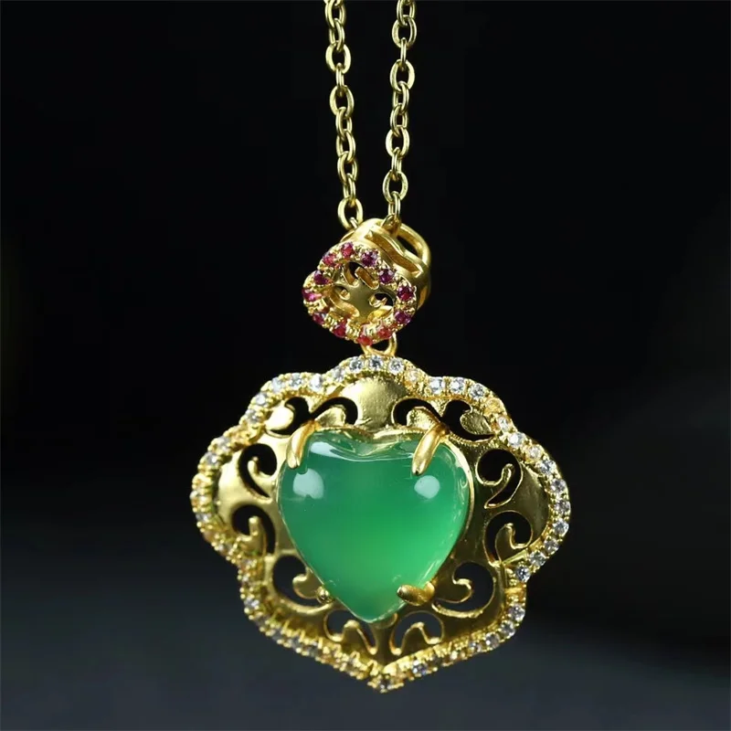 Hot selling natural hand-carved jade copper plated24k Peach Heart ruyi Lock Necklace pendant fashion Jewelry Men Women LuckGifts