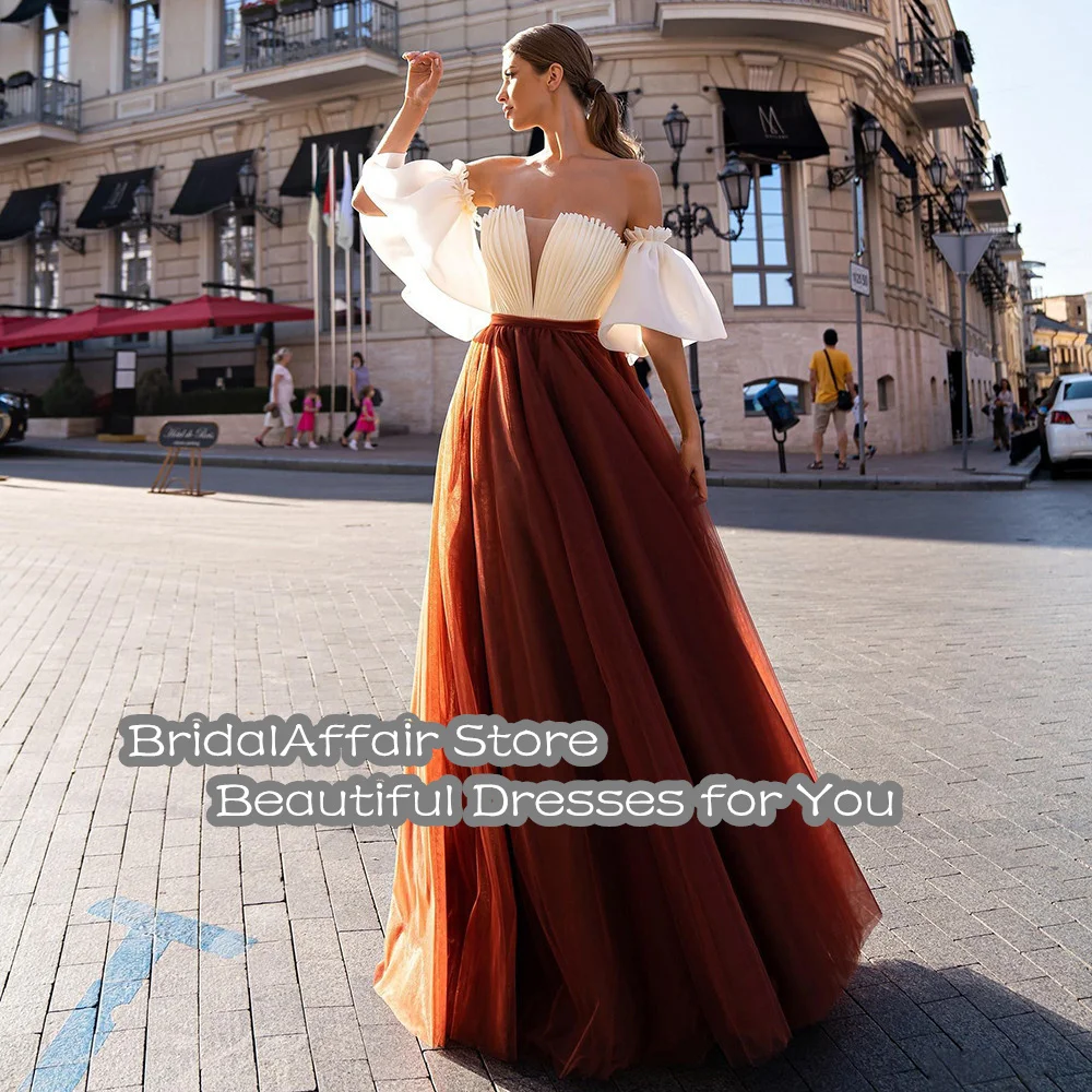 BridalAffair A Line Prom Dresses Soft Tulle Elegant Long Party Dress Formal Puffy Sleeves Evening Dresses Bow Belt Formal Dress