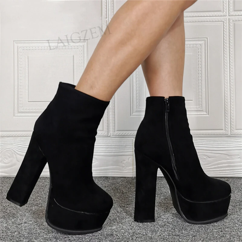 SEIIHEM Women Ankle Platform Boots Thick Chunky Heels Short Booties Faux Suede Ladies Shoes Woman Botas Large Size 41 42 47 5 52