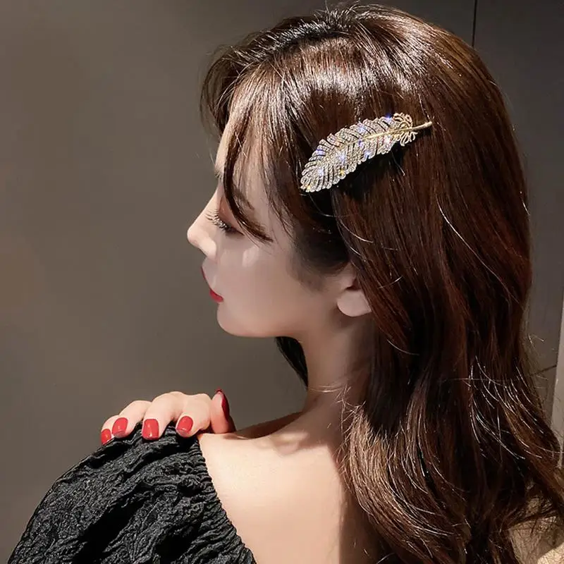 1pc Fashion Feather Shape Hair Clip Elegant Rhinestone Decor Hair Barrette Hair Side Clip For Women Girls Hair Accessories