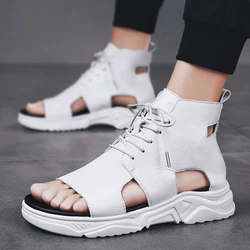 Men's Summer Sandals Leather Open Toe Thick Soled Hollow Lace Up Sandals Fashion High Top Sports Sandals Roman Sandals Dad Shoes