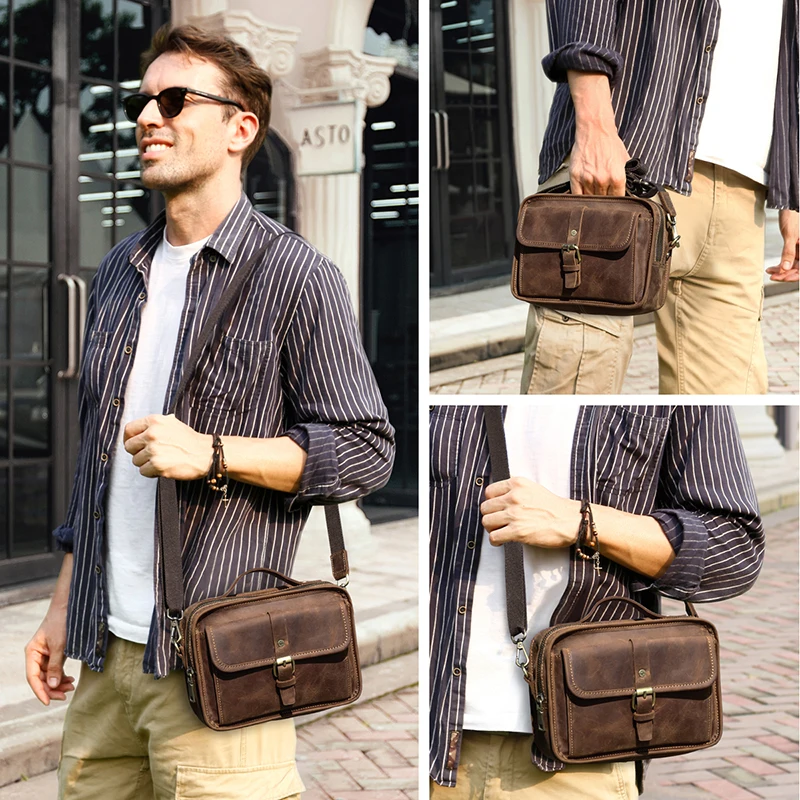 Imagem -03 - Crazy Horse Couro dos Homens Bolsas de Ombro Casual Homem Pequena Bolsa para 7.9 Ipad Crossbody Bolsa do Telefone Portátil Masculino Bolsa do Mensageiro