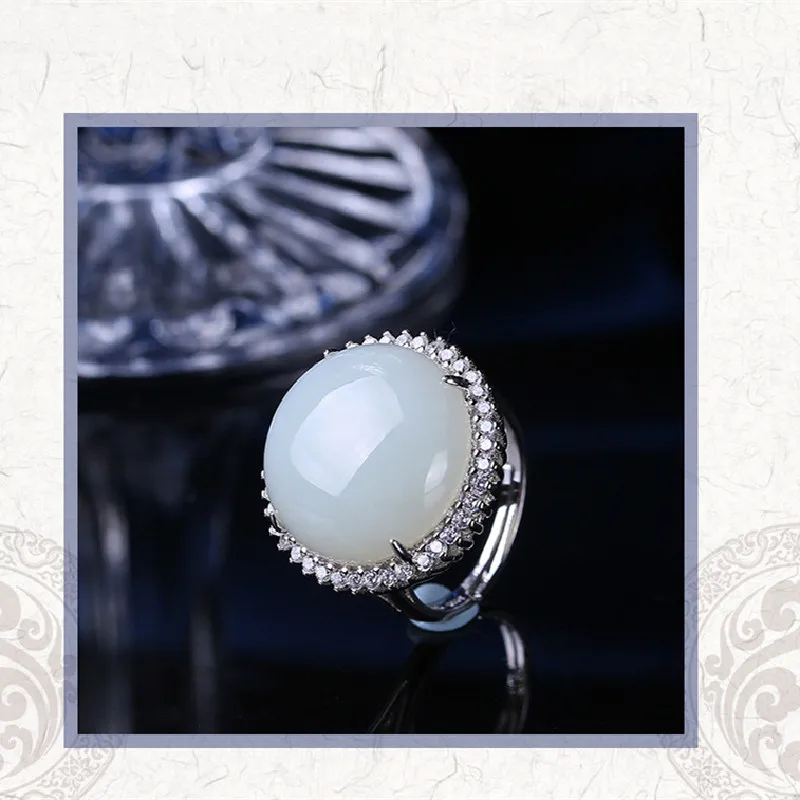 

S925 Sterling Silver Inlaid Natural Hetian Jade White Jade Ring With Round Ring Face Opening Adjustable