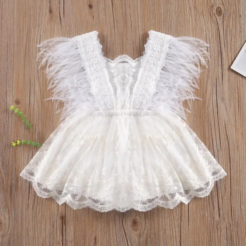 Summer Baby Girl Bodysuits Mesh Dress Feather Fly Sleeve Flouncing Hem Floral Embroidery Layered Midi Bodysuits