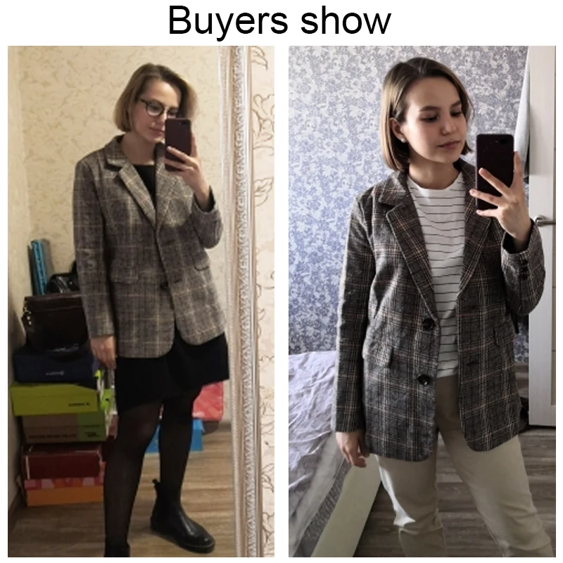 PEONFLY Vintage Single Breasted Office Ladies Plaid Blazer Long Sleeve Loose Plaid Coat Jacket Women Blazers Female 2022