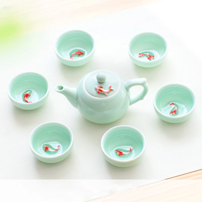 6pcs Kung Fu Tea Cup Set Celadon 3D Golden Fish China tea cups,Crackle Glaze Travel Tea Bowl Chinese Porcelain Teacup Set