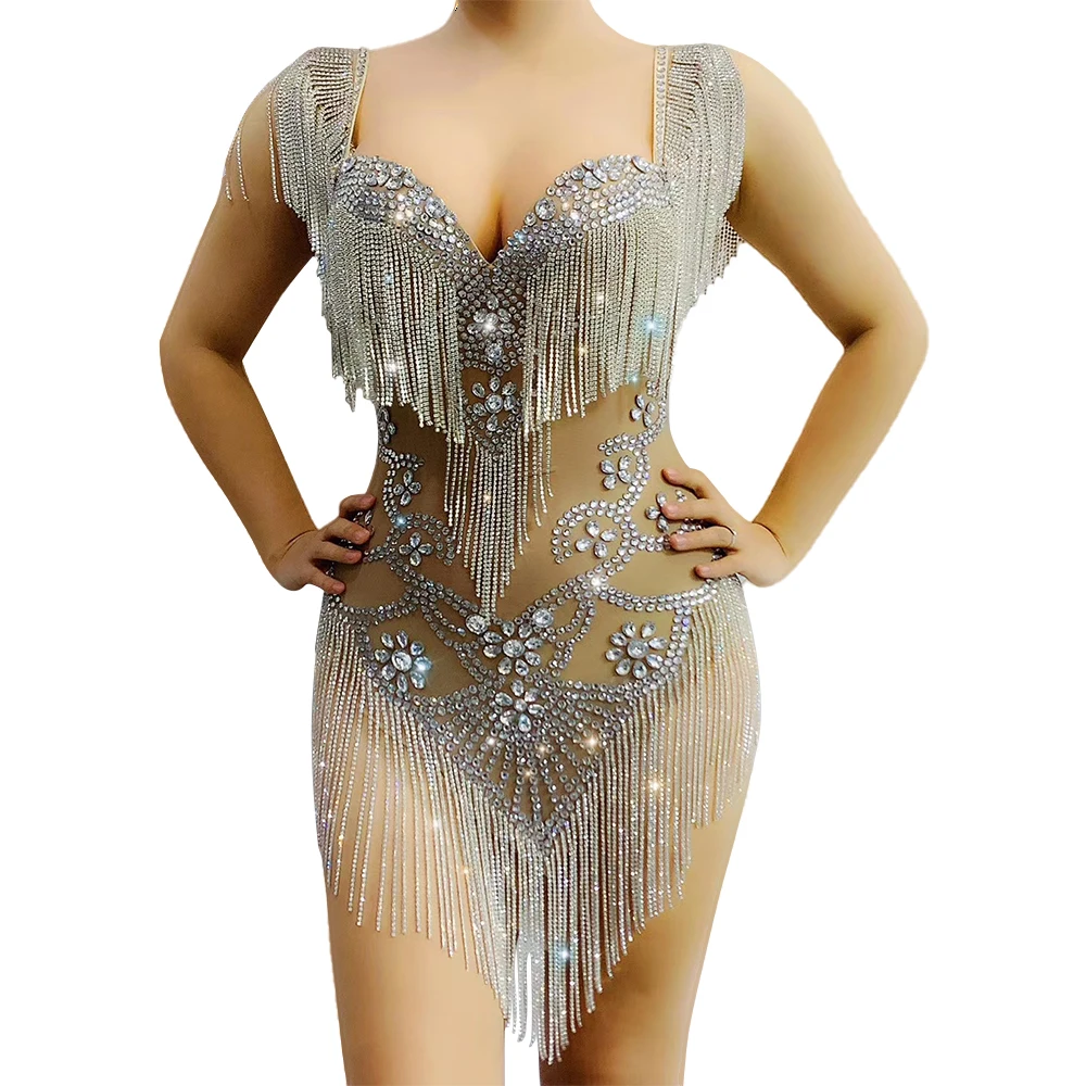 Fashion Latin Dance Fringes Crystals Outfit Nightclub Dancer Costumes Singer Sexy Stage Wear Silver Rhinestones Tassel Bodysuit