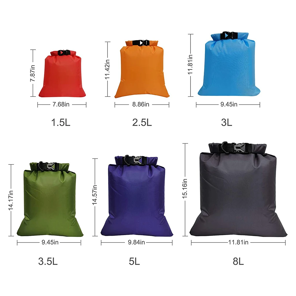 Impermeável Foldable Dry Bag Set, Dry Sacks, Roll Top, Saco de armazenamento para barco, Natação Praia, Organizer Pouch, 6Pcs