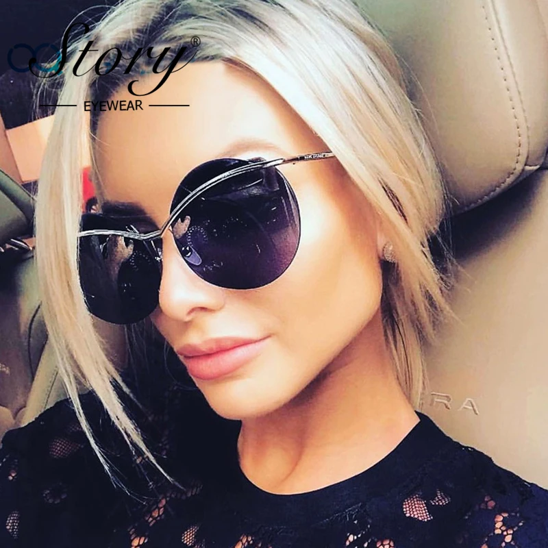 STORY Rimless Sunglasses For Women Ocean Lens Gold Metal Frame Round Shape Glasses Fashion Brand Coating Eyewear Women UV400