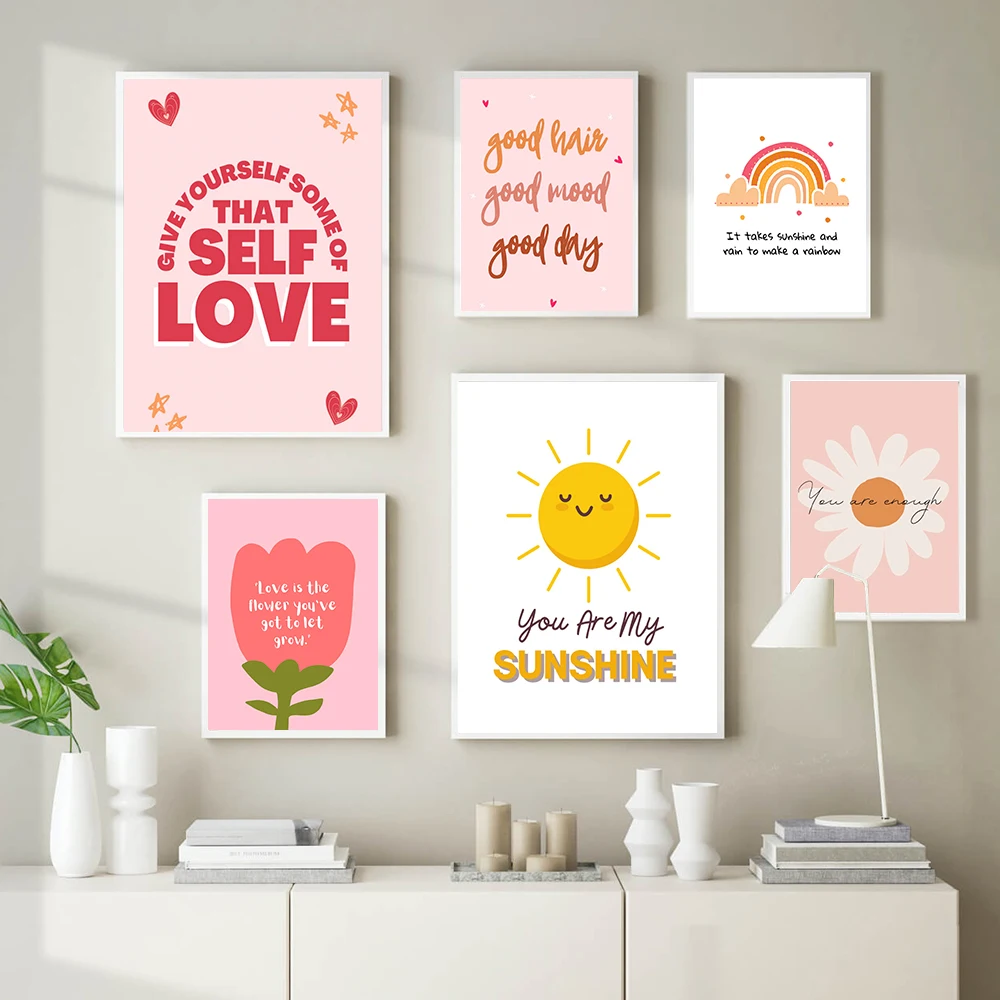 Peinture sur toile de lettre d'amour positive, citations inspirantes de soins de motivation, affiche d'art mural, décoration de chambre d'enfant, gestion de pépinière
