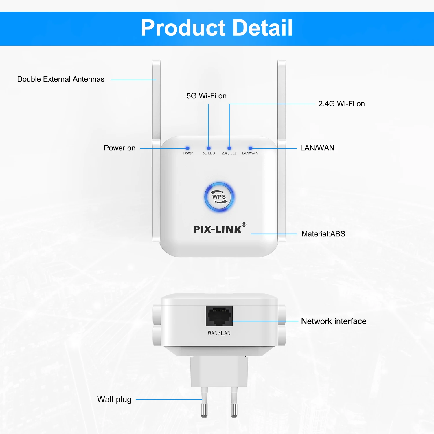 PIXLINK 5G WiFi Repeater WiFi Amplifier 5Ghz  Long Range Extender 1200M Wireless Booster Home Wi-Fi Internet Signal Amplifier