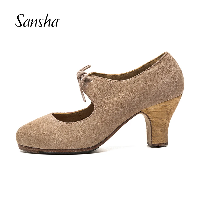 Sansha Professional Flamenco Character Lace Up 6CM Middle High Heel For Women Ladies Black/Light Tan Dancing Shoes FL30L